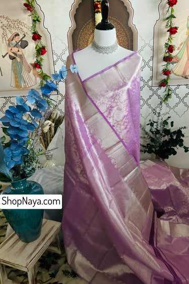 ShopNaya Exclusive | Metallic Kanchipuram Pure Silk Saree | Lilac | Pure Silver Zari | Handwoven | Ships from California